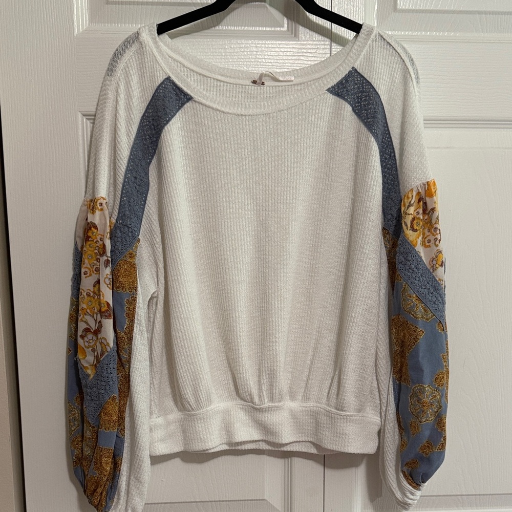 Free People White And Blue Patchwork Sweater - image 1
